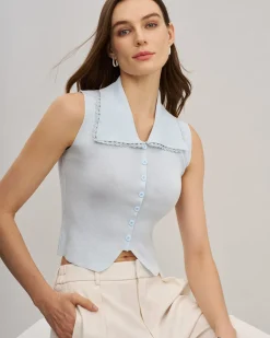 Blue Knit Cropped Tank Top
