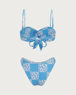 Blue Knitted Plaid Floral Print Twist Bikini Set