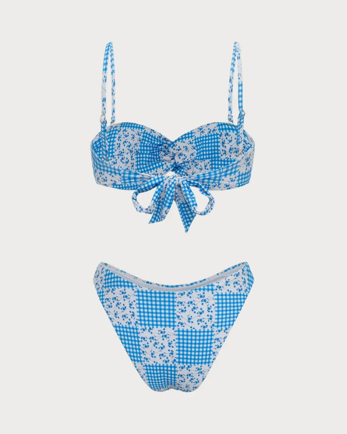 Blue Knitted Plaid Floral Print Twist Bikini Set
