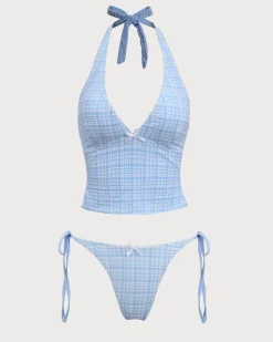 Blue Knitted Plaid Tankini Swimsuit