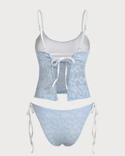 Blue Lace Contrast Tankini Swimsuit