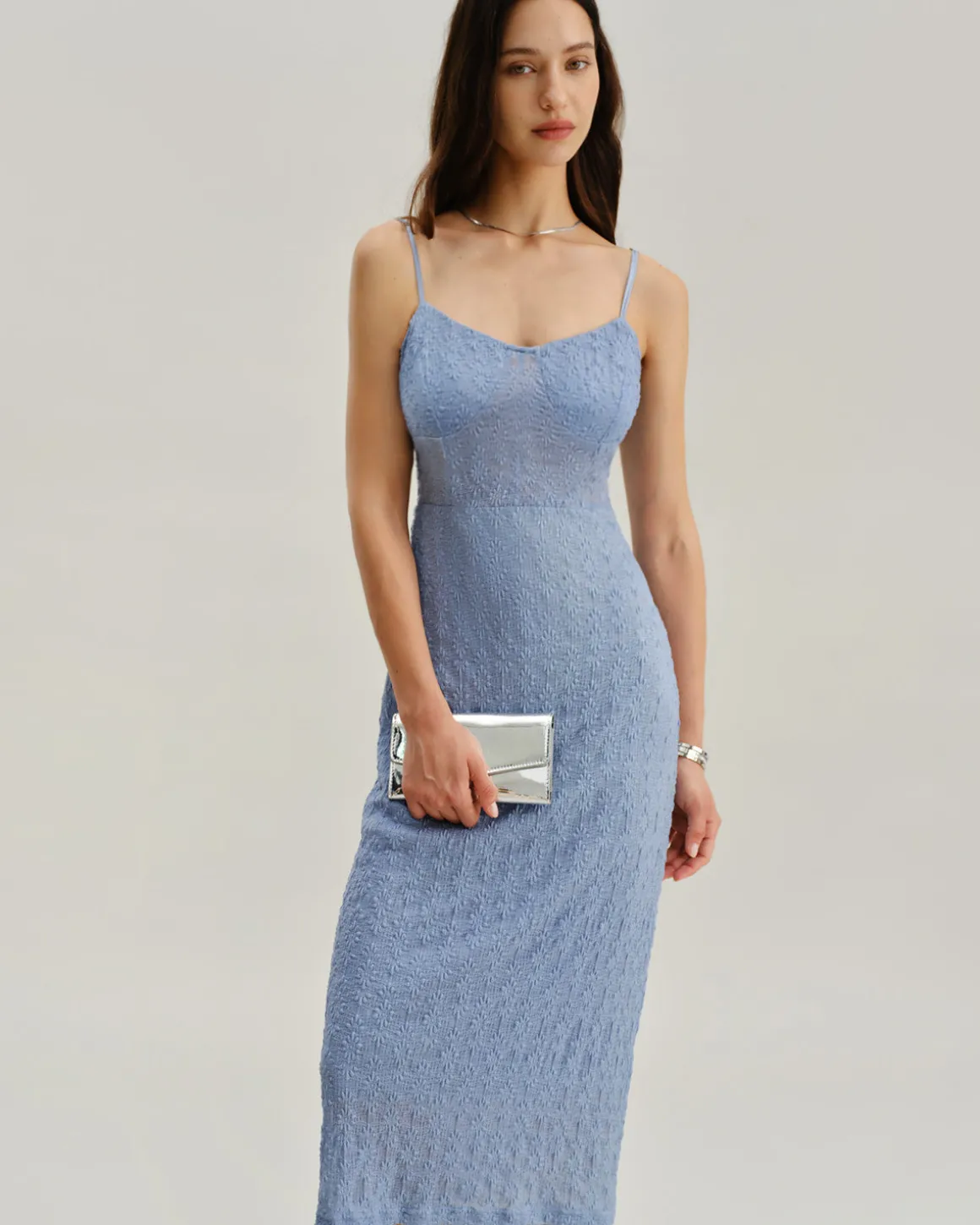 Blue Lace Slip Bodycon Midi Dress