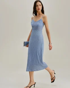 Blue Lace Slip Bodycon Midi Dress