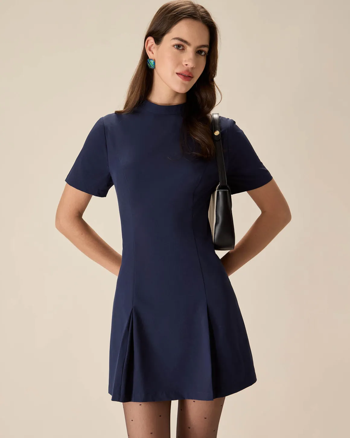 Blue Mock Neck Pleated Mini Dress