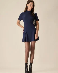 Blue Mock Neck Pleated Mini Dress