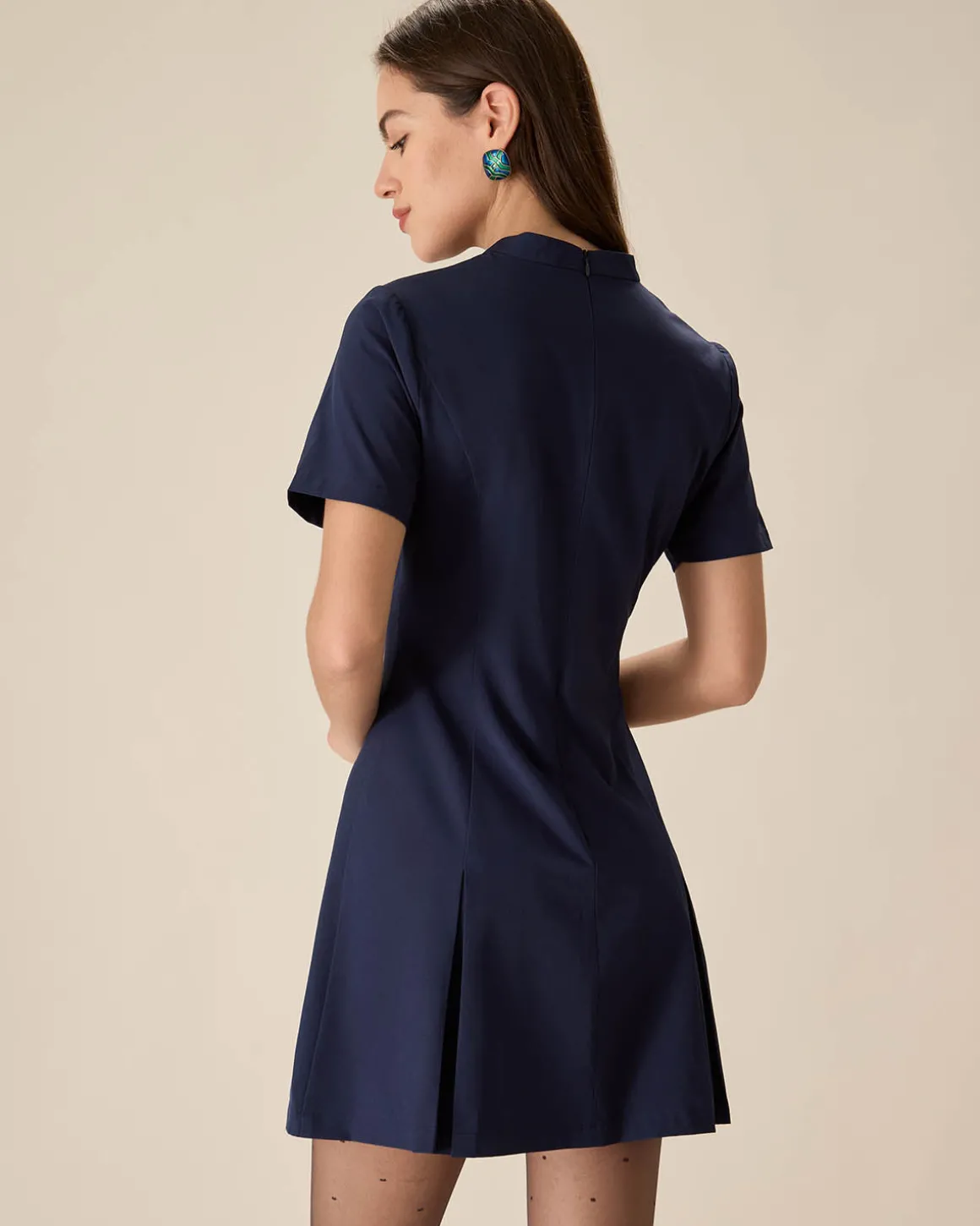 Blue Mock Neck Pleated Mini Dress