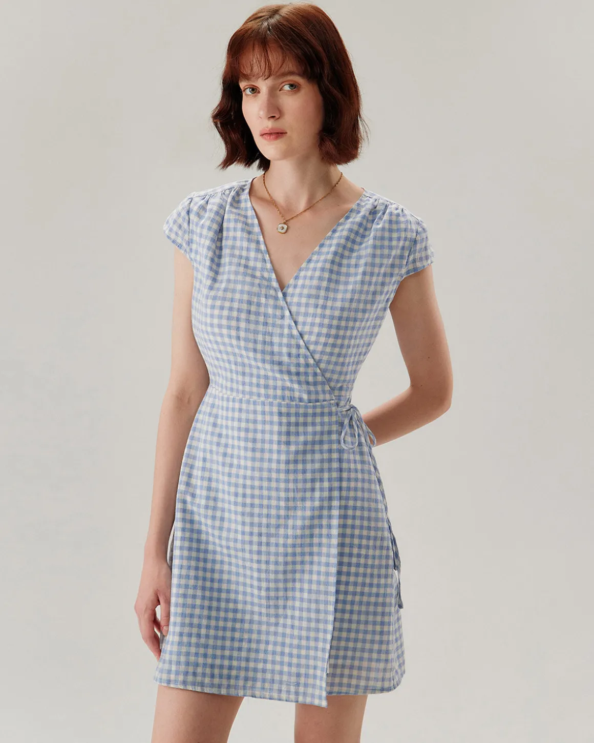 Blue Plaid Cap Sleeve Wrap Mini Dress