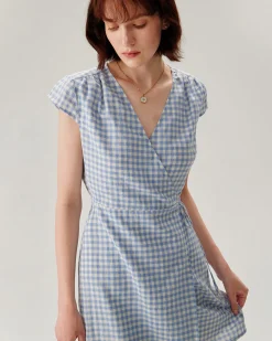 Blue Plaid Cap Sleeve Wrap Mini Dress