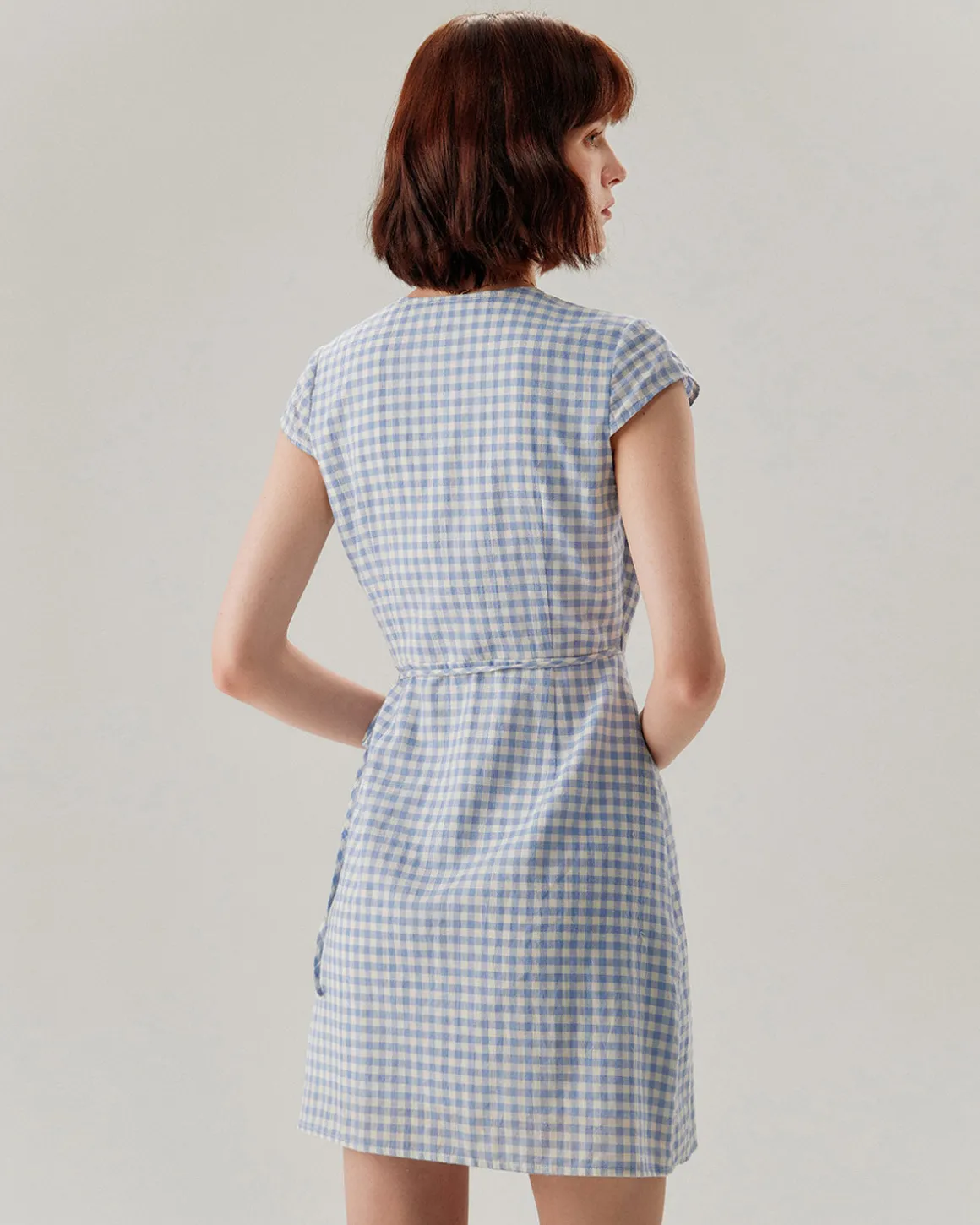 Blue Plaid Cap Sleeve Wrap Mini Dress