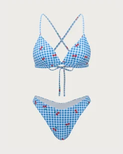 Blue Plaid Cherry Halter Bikini Set