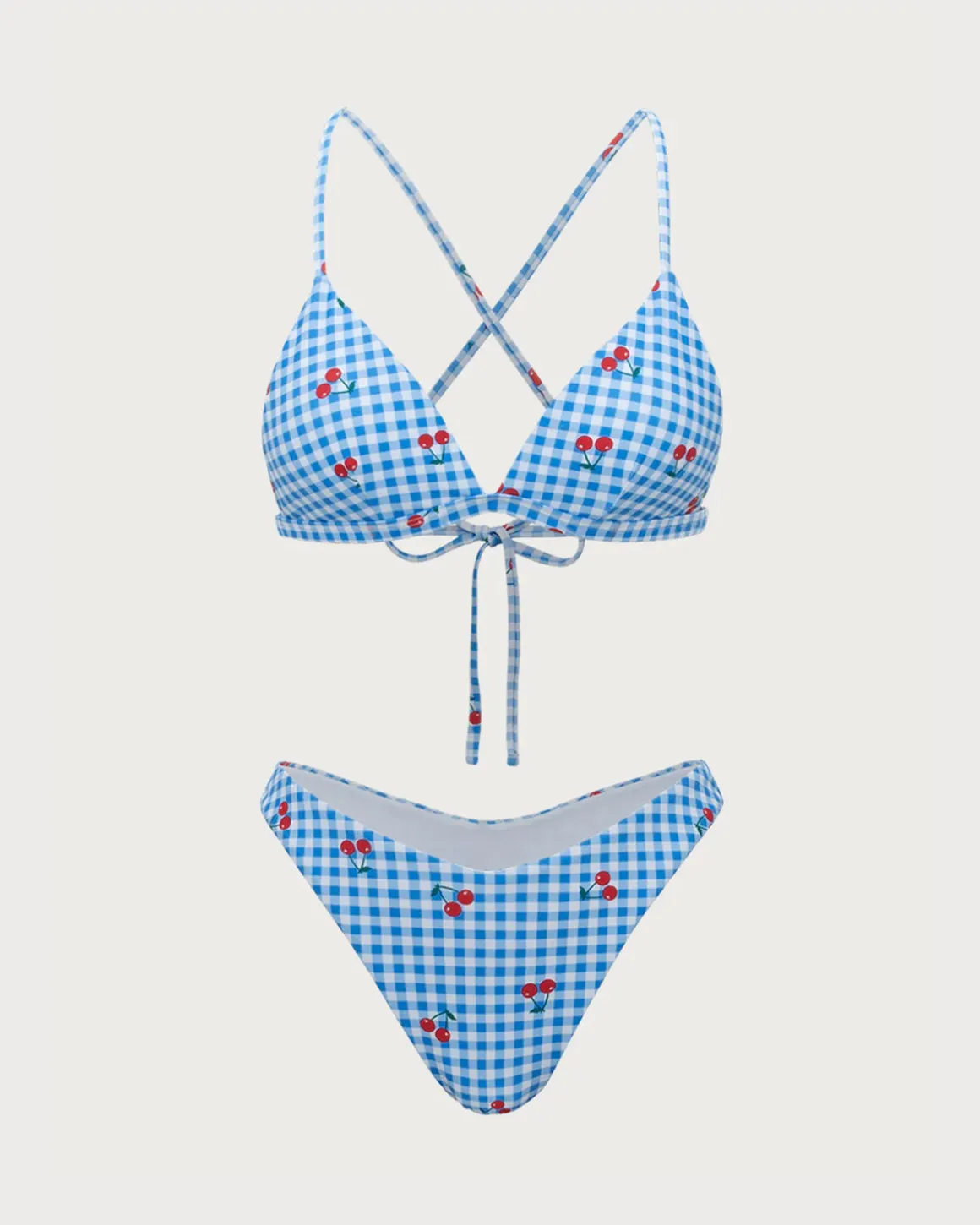 Blue Plaid Cherry Halter Bikini Set