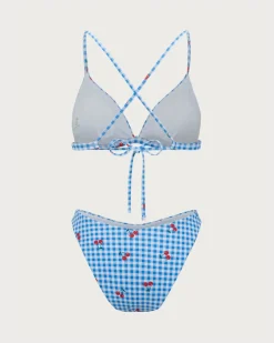 Blue Plaid Cherry Halter Bikini Set