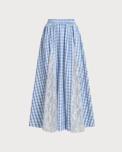 Blue Plaid Elastic Waist Midi Skirt