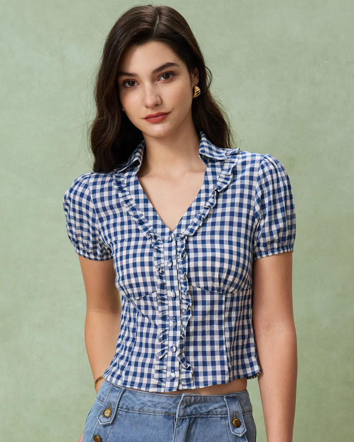 Blue Plaid Puffed Sleeve Blouse