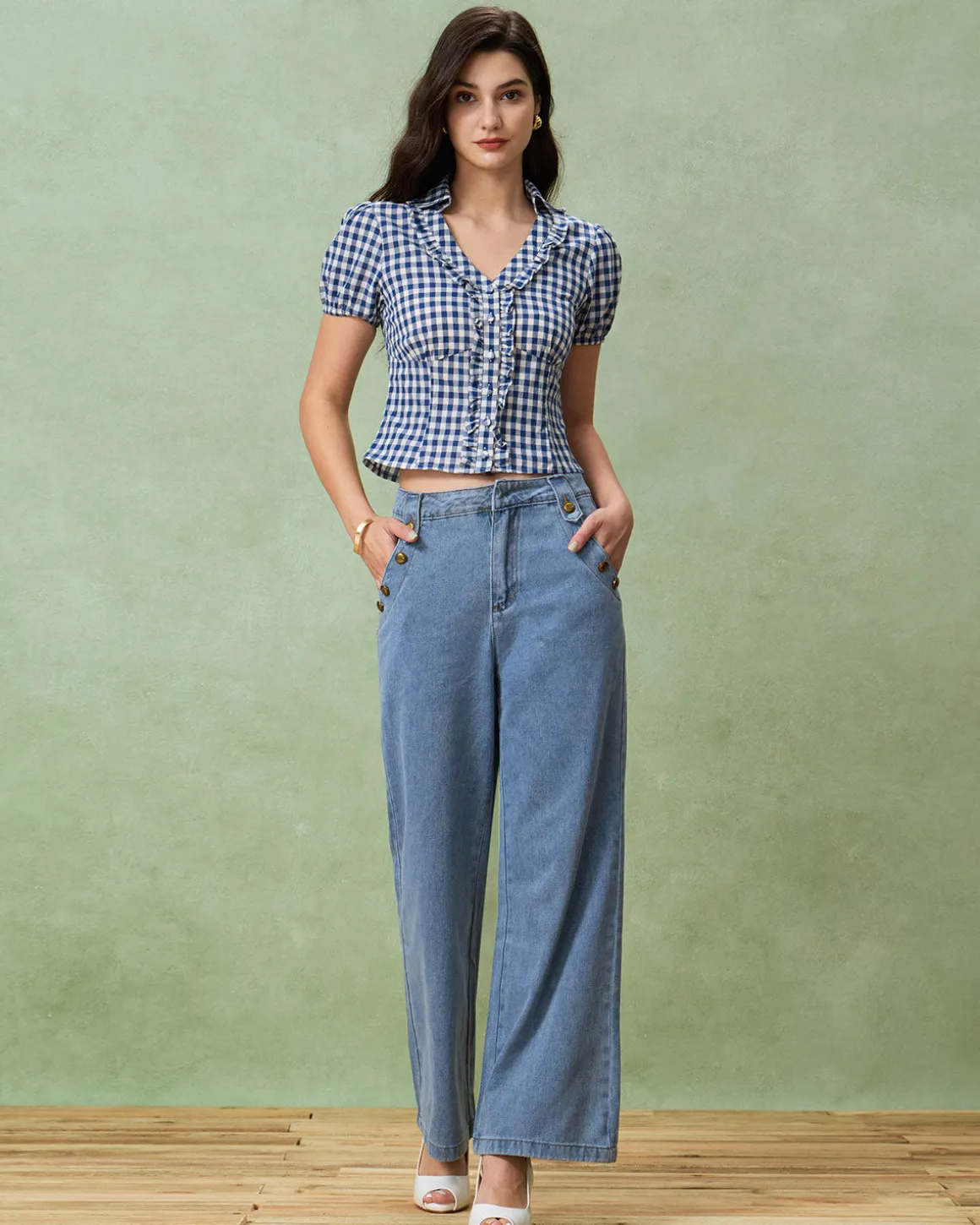 Blue Plaid Puffed Sleeve Blouse