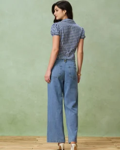 Blue Plaid Puffed Sleeve Blouse