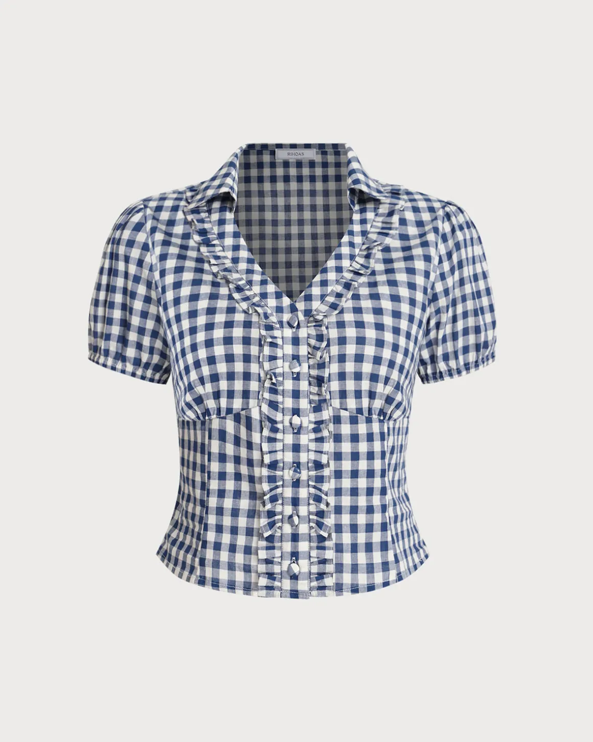 Blue Plaid Puffed Sleeve Blouse
