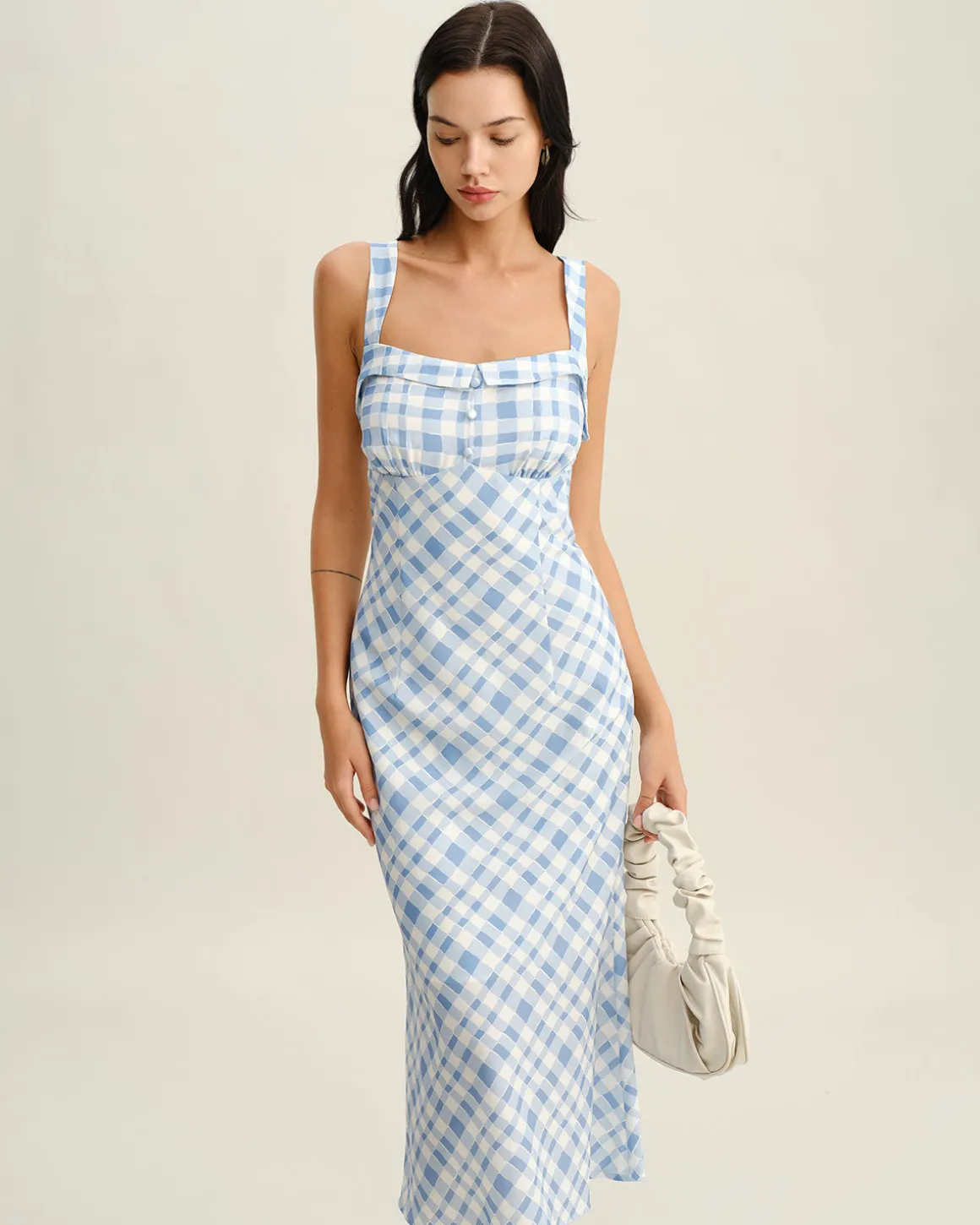 Blue Plaid Square Neck Slip Midi Dress