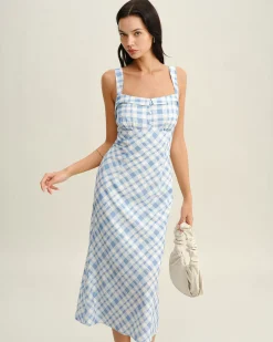 Blue Plaid Square Neck Slip Midi Dress