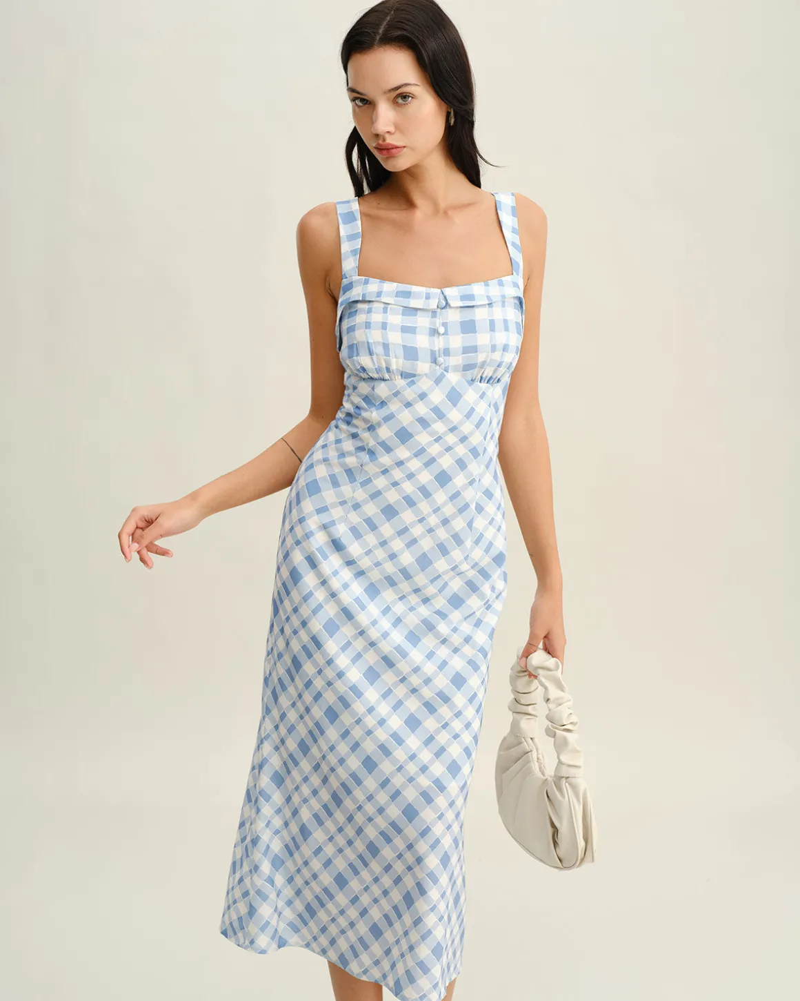 Blue Plaid Square Neck Slip Midi Dress
