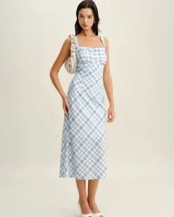 Blue Plaid Square Neck Slip Midi Dress