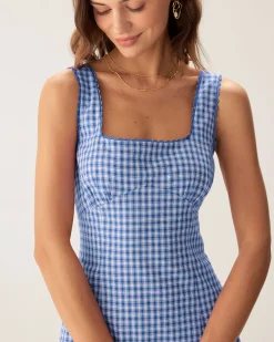 Blue Plaid Square Neck Slip Mini Dress