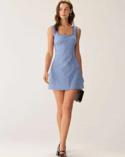 Blue Plaid Square Neck Slip Mini Dress