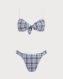 Blue Plaid Tie Front Bikini Set