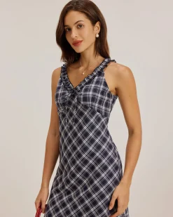Blue Plaid V Neck Slip Maxi Dress
