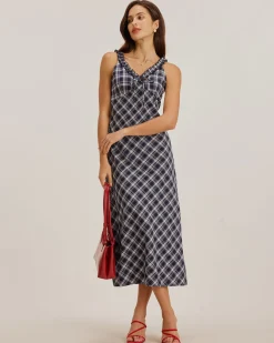 Blue Plaid V Neck Slip Maxi Dress