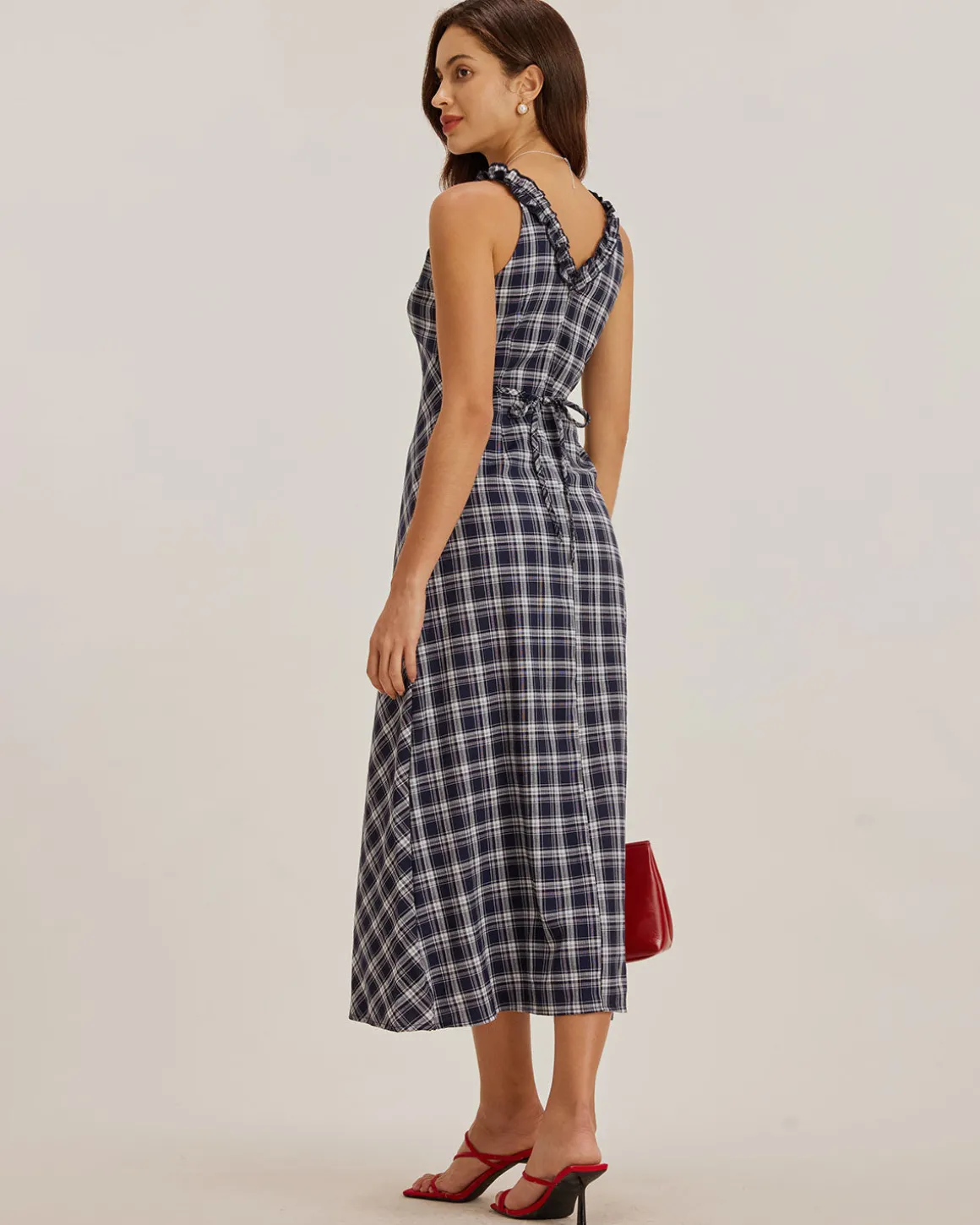 Blue Plaid V Neck Slip Maxi Dress