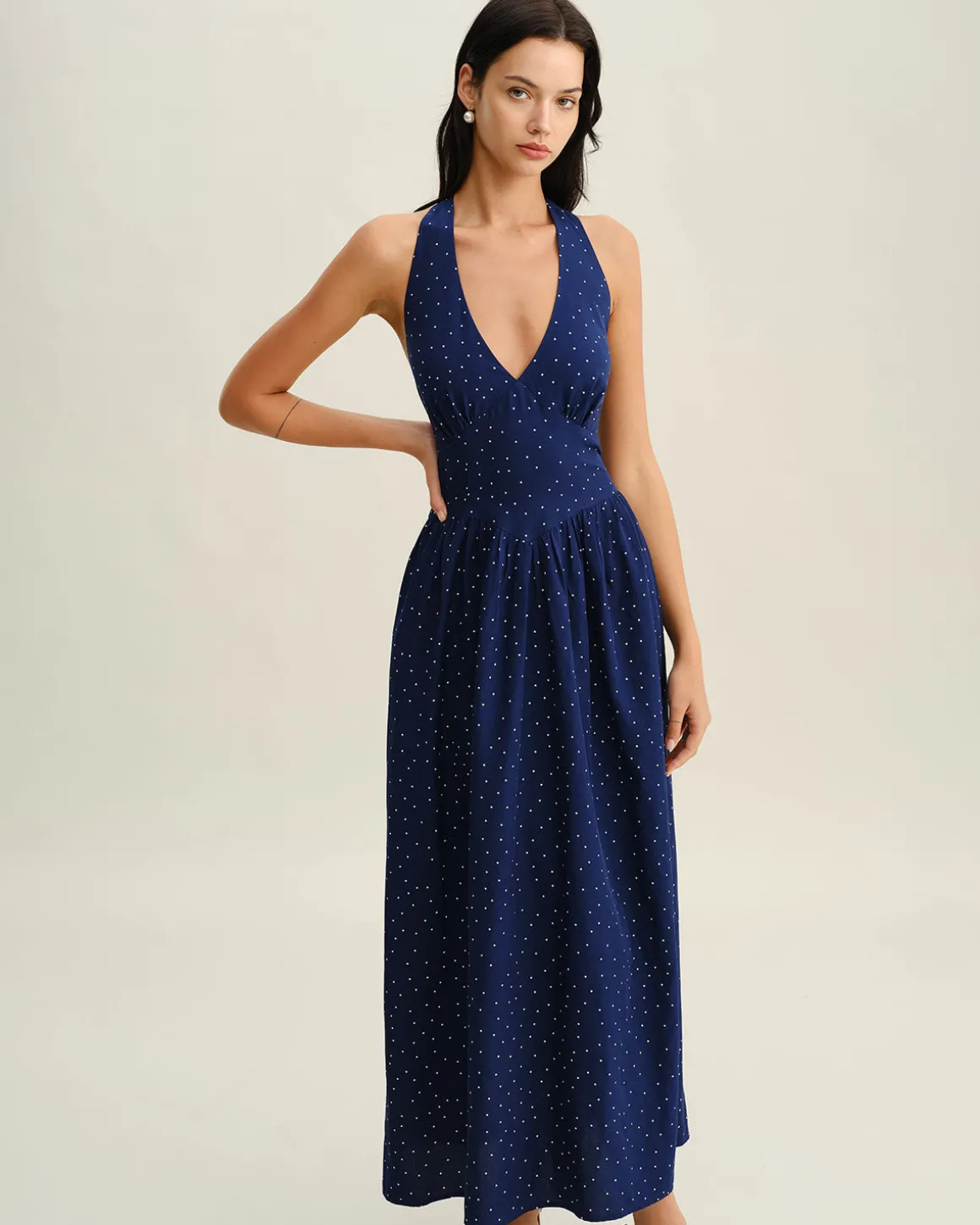 Blue Polka Dot Halter Maxi Dress