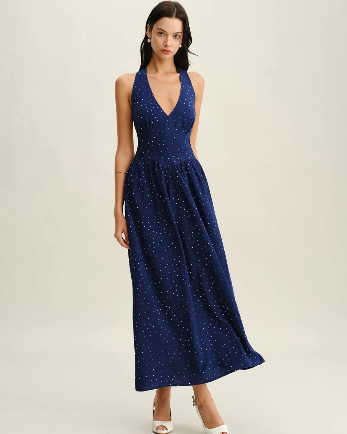 Blue Polka Dot Halter Maxi Dress