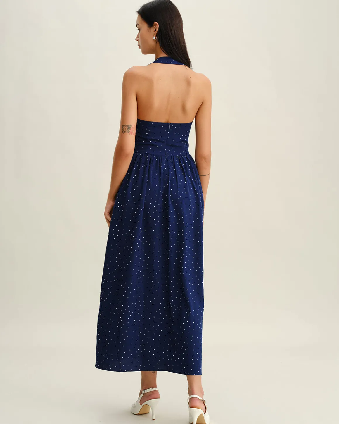 Blue Polka Dot Halter Maxi Dress