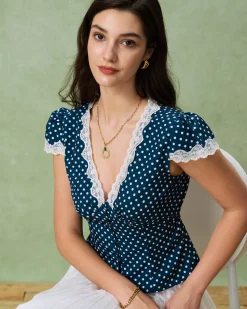 Blue Polka Dot Lace Trim Blouse