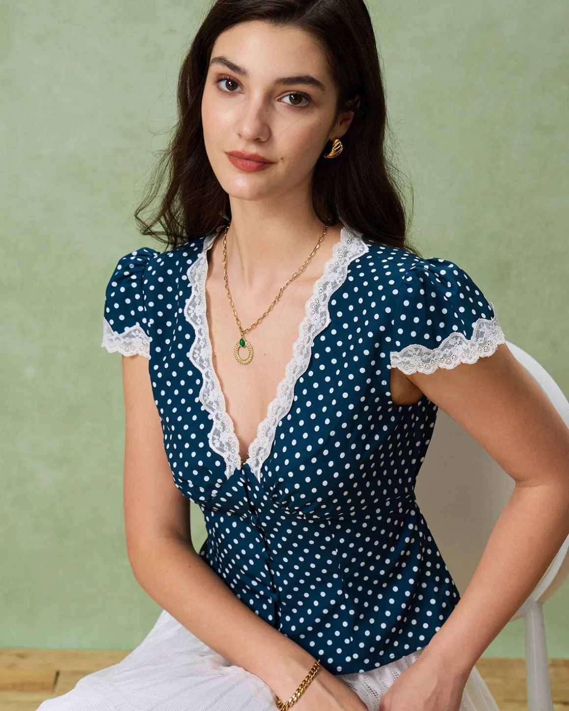 Blue Polka Dot Lace Trim Blouse