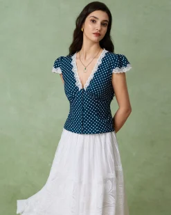 Blue Polka Dot Lace Trim Blouse