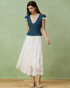 Blue Polka Dot Lace Trim Blouse