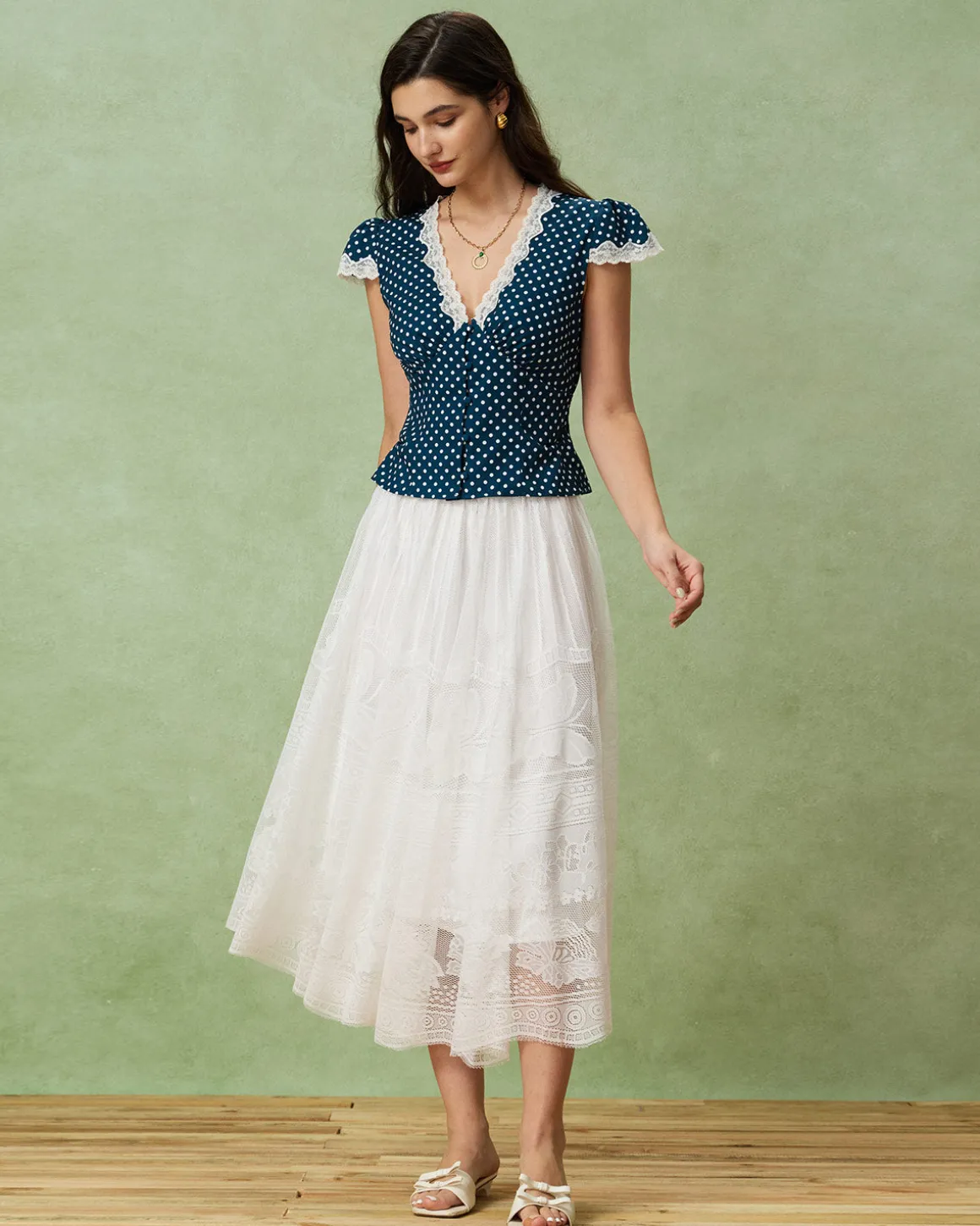 Blue Polka Dot Lace Trim Blouse