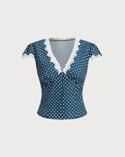 Blue Polka Dot Lace Trim Blouse