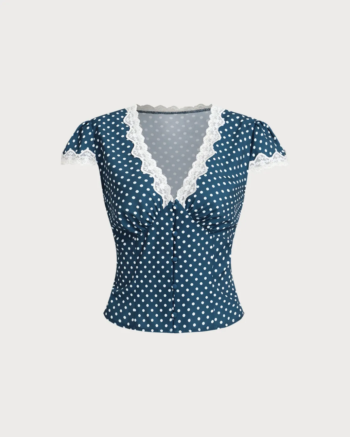 Blue Polka Dot Lace Trim Blouse