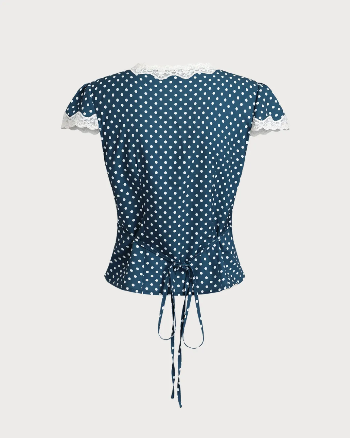 Blue Polka Dot Lace Trim Blouse