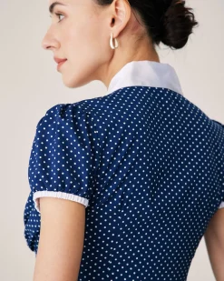 Blue Polka Dot Puffed Sleeve Blouse