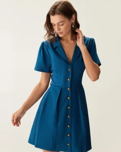 Blue Puffed Sleeve Button Mini Dress