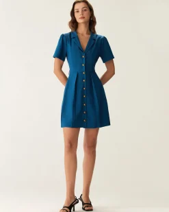 Blue Puffed Sleeve Button Mini Dress