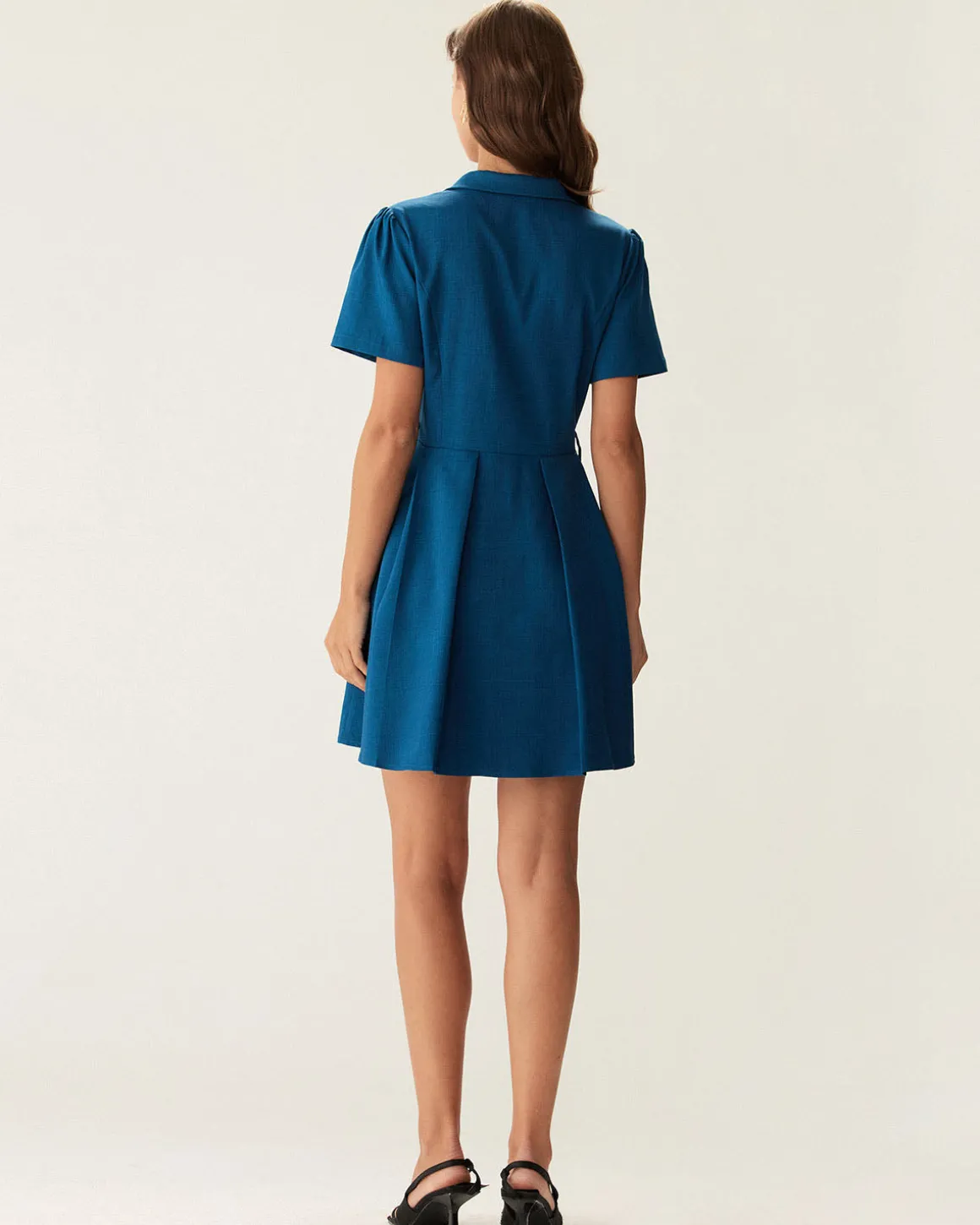Blue Puffed Sleeve Button Mini Dress