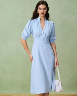 Blue Puffed Sleeve Pleated Midi Dress