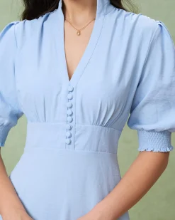 Blue Puffed Sleeve Pleated Midi Dress