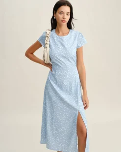 Blue Round Neck Button Slit Midi Dress
