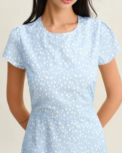 Blue Round Neck Button Slit Midi Dress